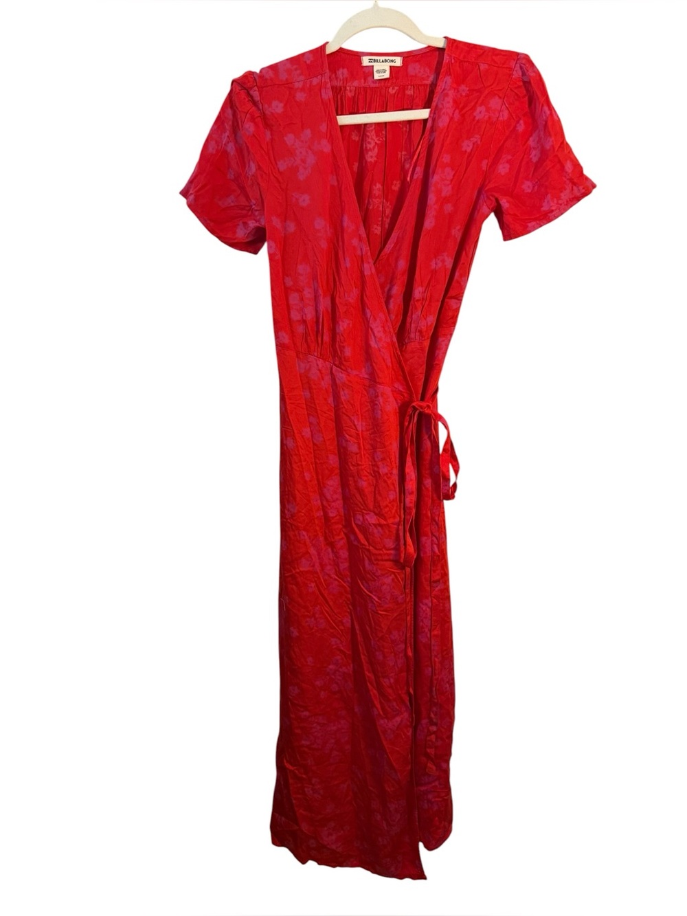Billabong Small Red Purple Floral Wrap Midi Dress Viscose Boho Beach